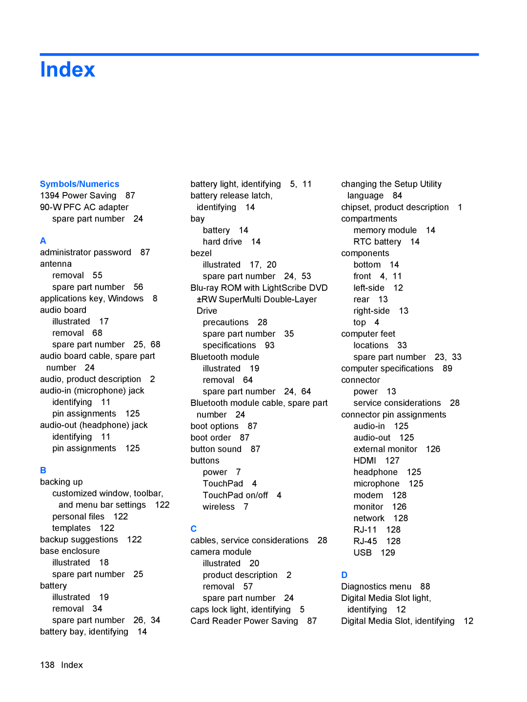 HP CQ40-408AU, CQ40-416TU, CQ40-417TU, CQ40-404AX, CQ40-421AX, CQ40-409TU manual Index, Symbols/Numerics 