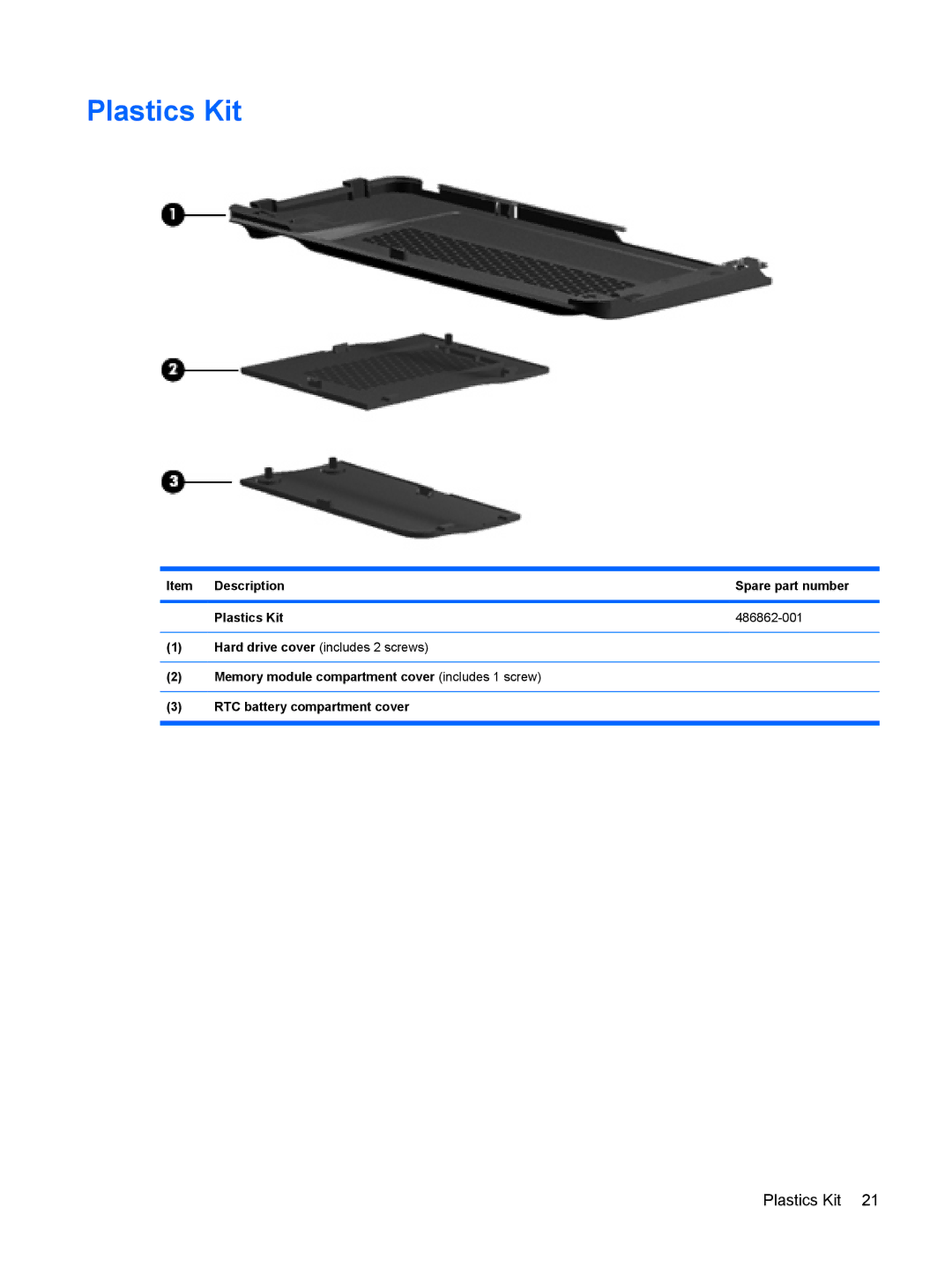 HP CQ40-409TU, CQ40-416TU, CQ40-417TU, CQ40-408AU, CQ40-404AX Item Description Spare part number Plastics Kit 486862-001 