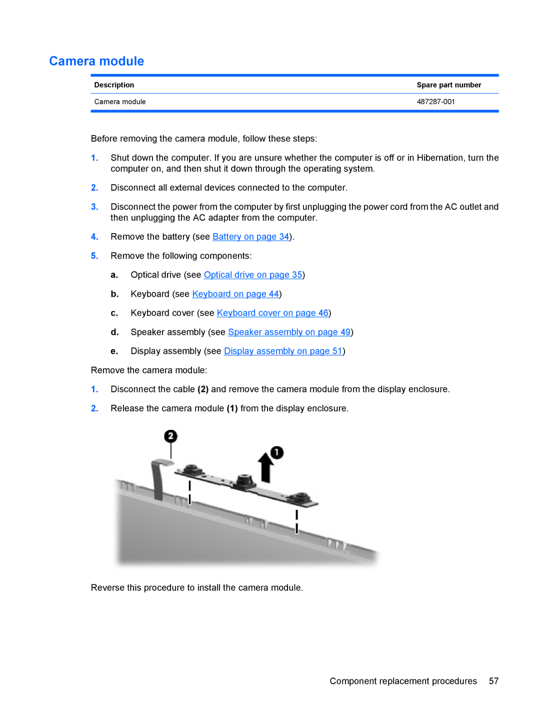 HP CQ40-409TU, CQ40-416TU, CQ40-417TU, CQ40-408AU, CQ40-404AX manual Description Spare part number Camera module 487287-001 