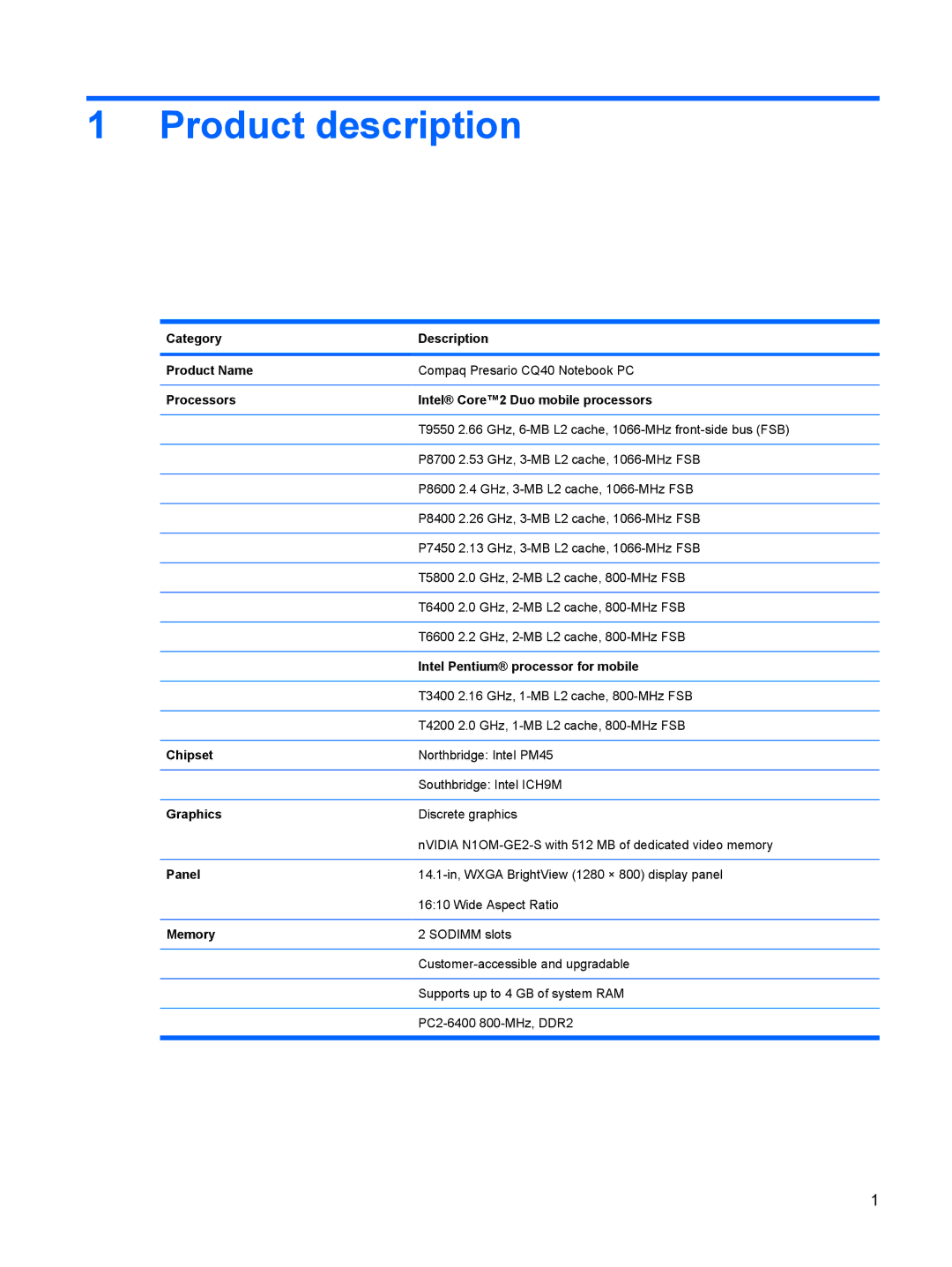 HP CQ40-404AX, CQ40-416TU, CQ40-417TU, CQ40-408AU, CQ40-421AX, CQ40-409TU manual Product description 