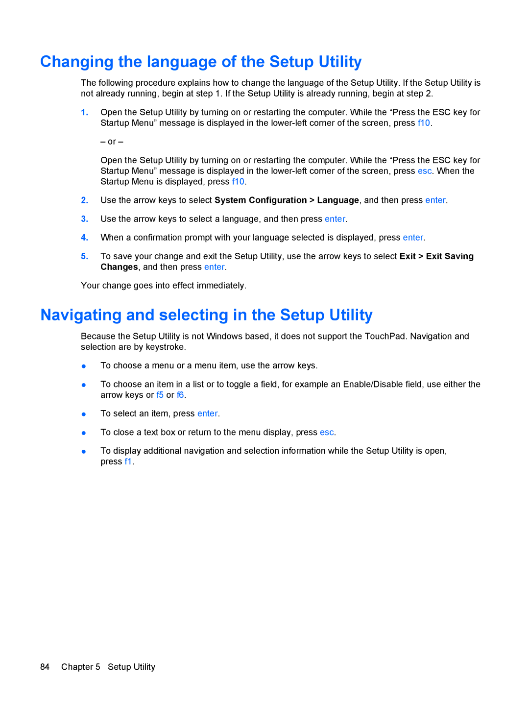 HP CQ40-408AU, CQ40-416TU manual Changing the language of the Setup Utility, Navigating and selecting in the Setup Utility 