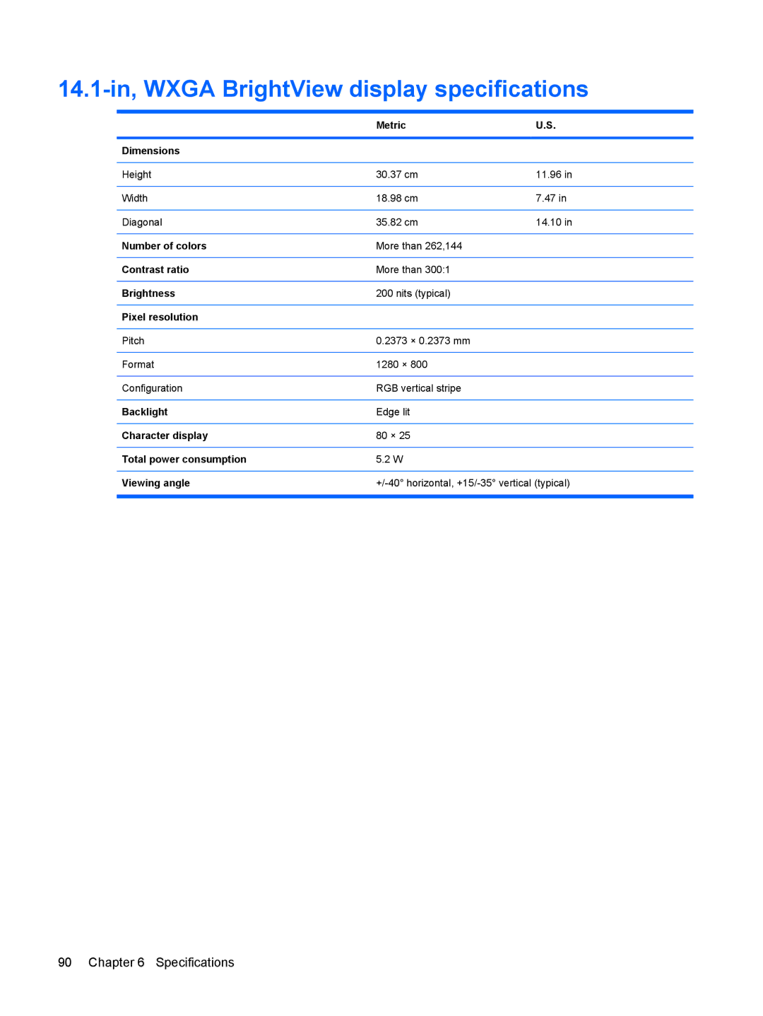 HP CQ40-408AU, CQ40-416TU, CQ40-417TU, CQ40-404AX, CQ40-421AX, CQ40-409TU manual 14.1-in, Wxga BrightView display specifications 