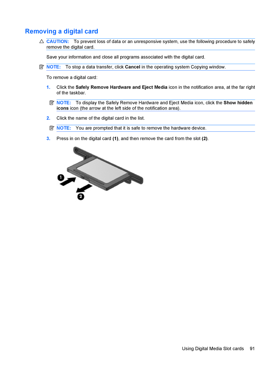 HP CQ41-223TX, CQ41-205TX, CQ41-204TX, CQ41-206TX, CQ41-207TX, CQ41-224TX, CQ41-213TU, CQ41-212TX manual Removing a digital card 