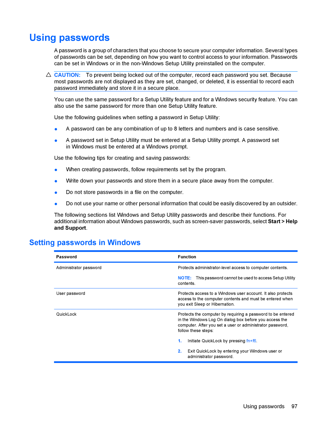HP CQ41-210TU, CQ41-205TX, CQ41-204TX, CQ41-206TX, CQ41-207TX, CQ41-224TX manual Using passwords, Setting passwords in Windows 