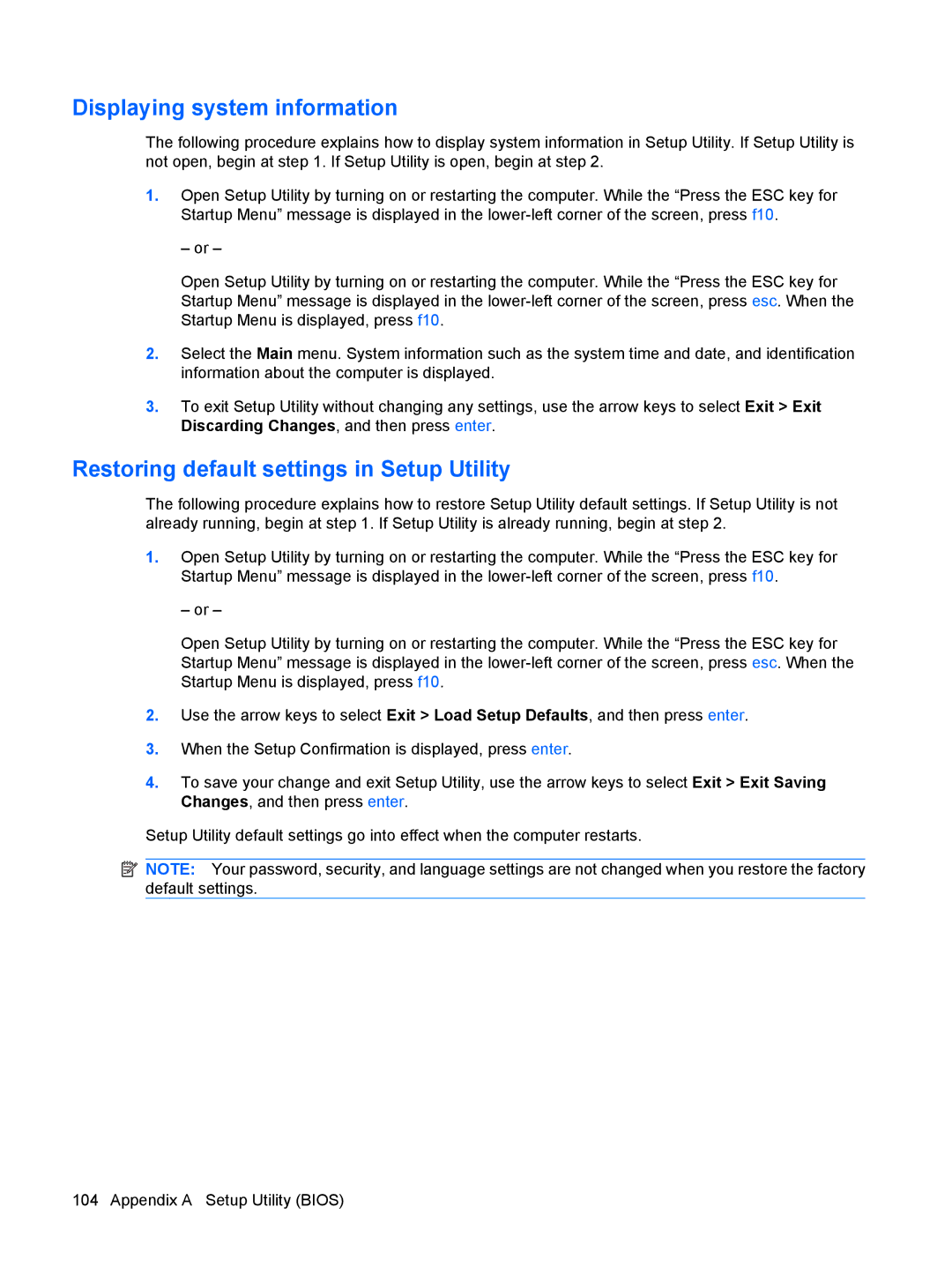 HP CQ41-206TX, CQ41-205TX, CQ41-204TX, CQ41-207TX Displaying system information, Restoring default settings in Setup Utility 