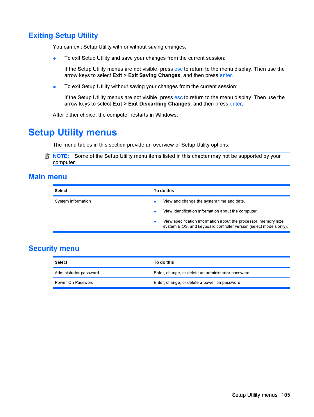 HP CQ41-207TX, CQ41-205TX, CQ41-204TX, CQ41-206TX manual Setup Utility menus, Exiting Setup Utility, Main menu, Security menu 