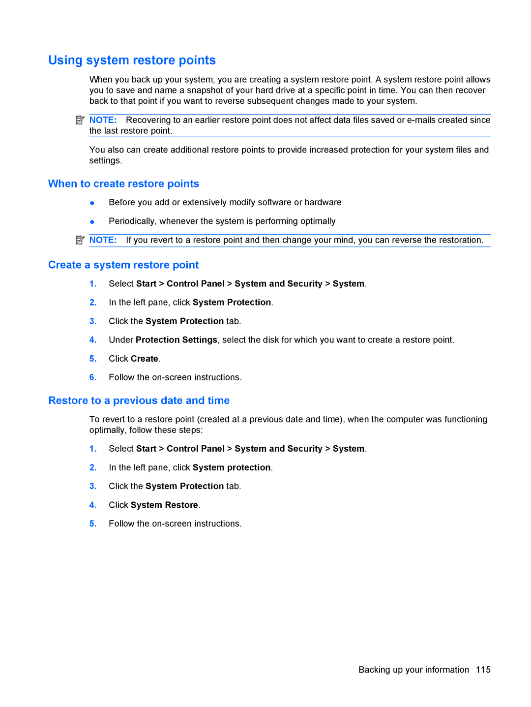 HP CQ41-208TX, CQ41-205TX manual Using system restore points, When to create restore points, Create a system restore point 