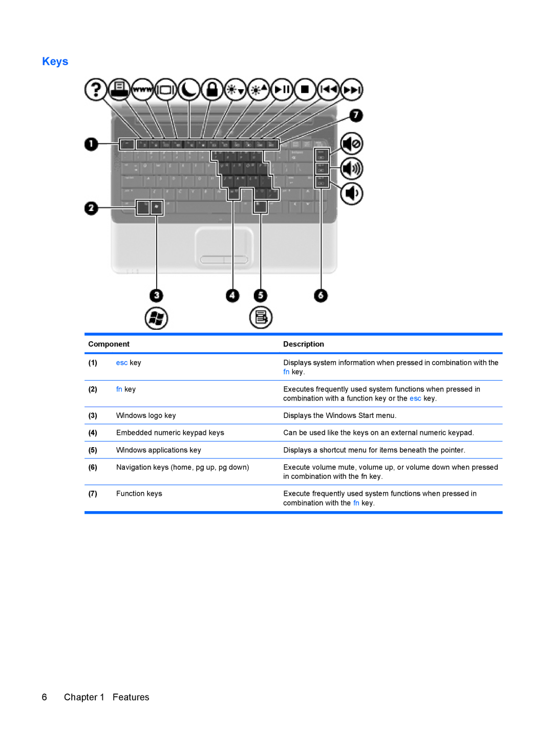 HP CQ41-205TX, CQ41-204TX, CQ41-206TX, CQ41-207TX, CQ41-224TX, CQ41-223TX, CQ41-213TU, CQ41-212TX, CQ41-211TX manual Keys, Fn key 