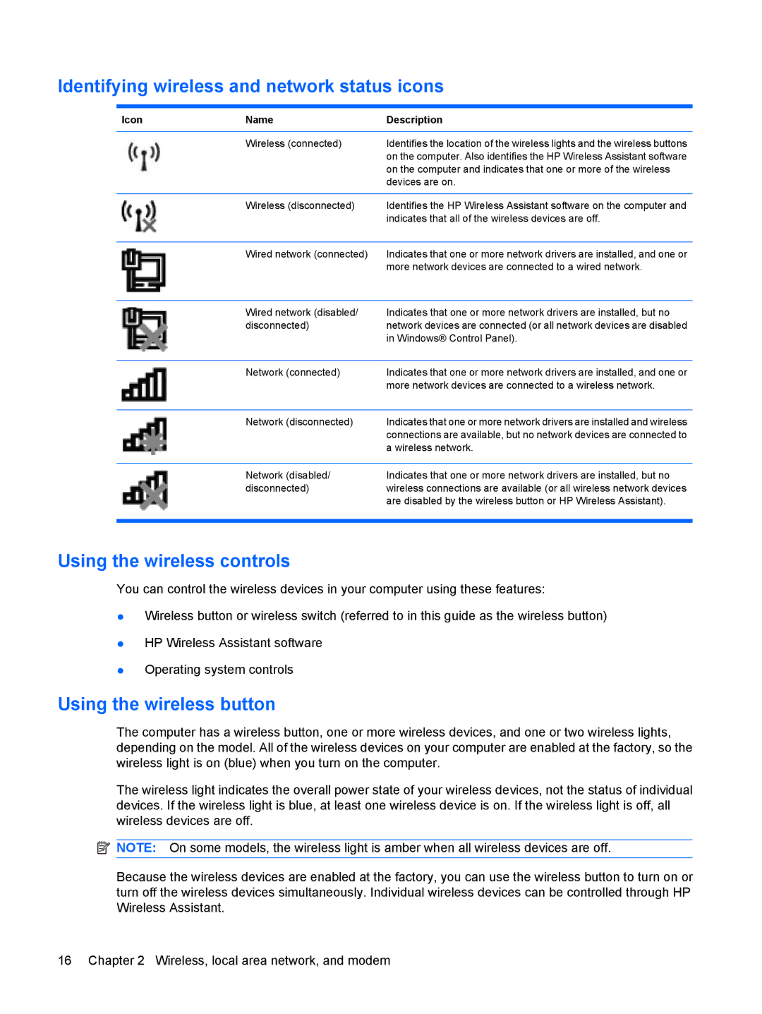 HP CQ41-211TU manual Identifying wireless and network status icons, Using the wireless controls, Using the wireless button 