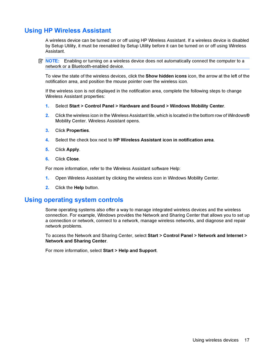 HP CQ41-210TU, CQ41-205TX, CQ41-204TX, CQ41-206TX, CQ41-207TX Using HP Wireless Assistant, Using operating system controls 