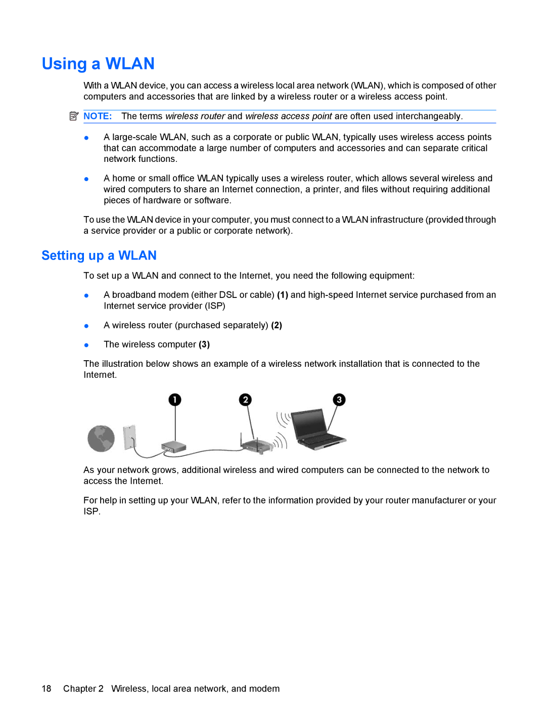 HP CQ41-209TU, CQ41-205TX, CQ41-204TX, CQ41-206TX, CQ41-207TX, CQ41-224TX, CQ41-223TX manual Using a Wlan, Setting up a Wlan 