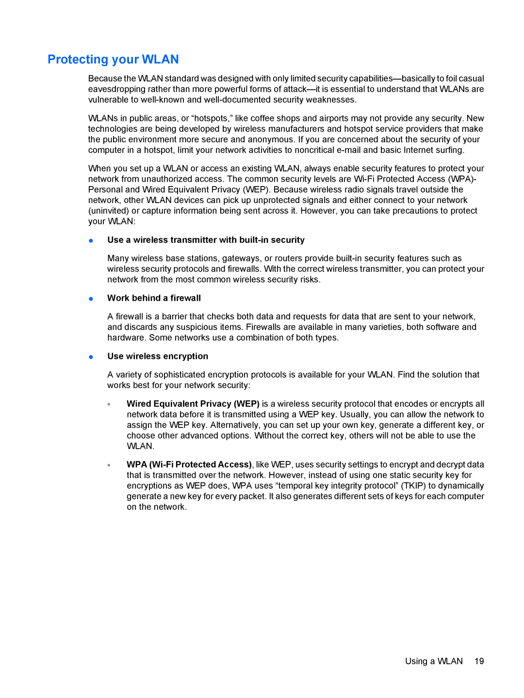 HP CQ41-208TX, CQ41-205TX Protecting your Wlan, Use a wireless transmitter with built-in security, Work behind a firewall 