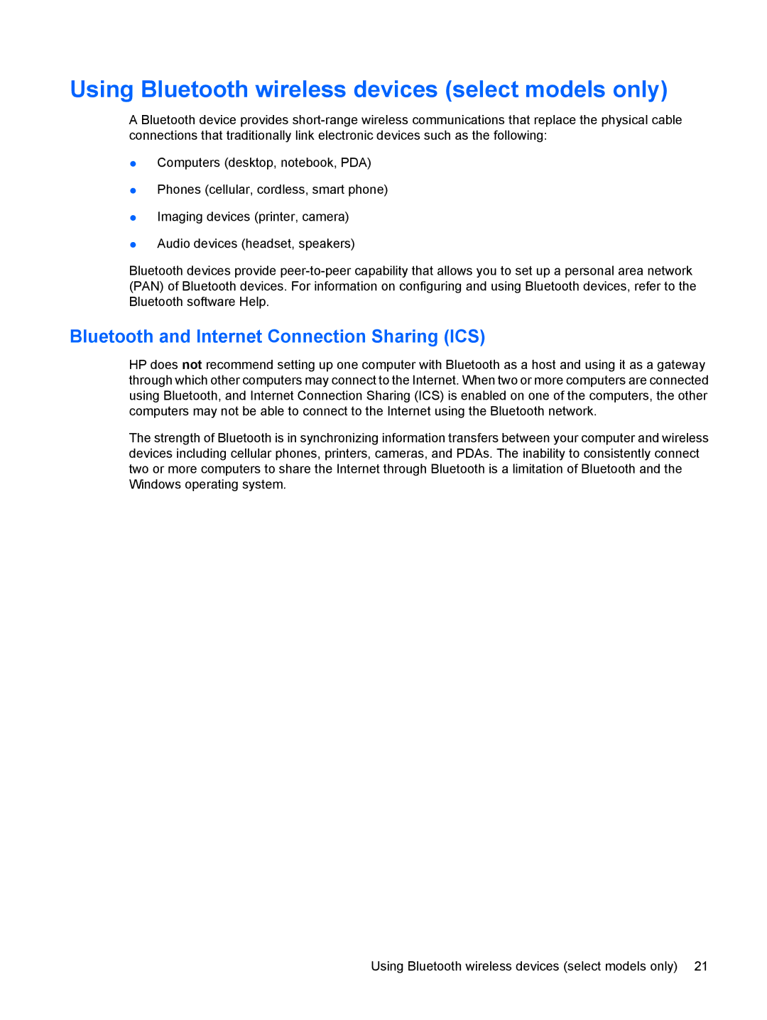 HP CQ41-225TX manual Using Bluetooth wireless devices select models only, Bluetooth and Internet Connection Sharing ICS 