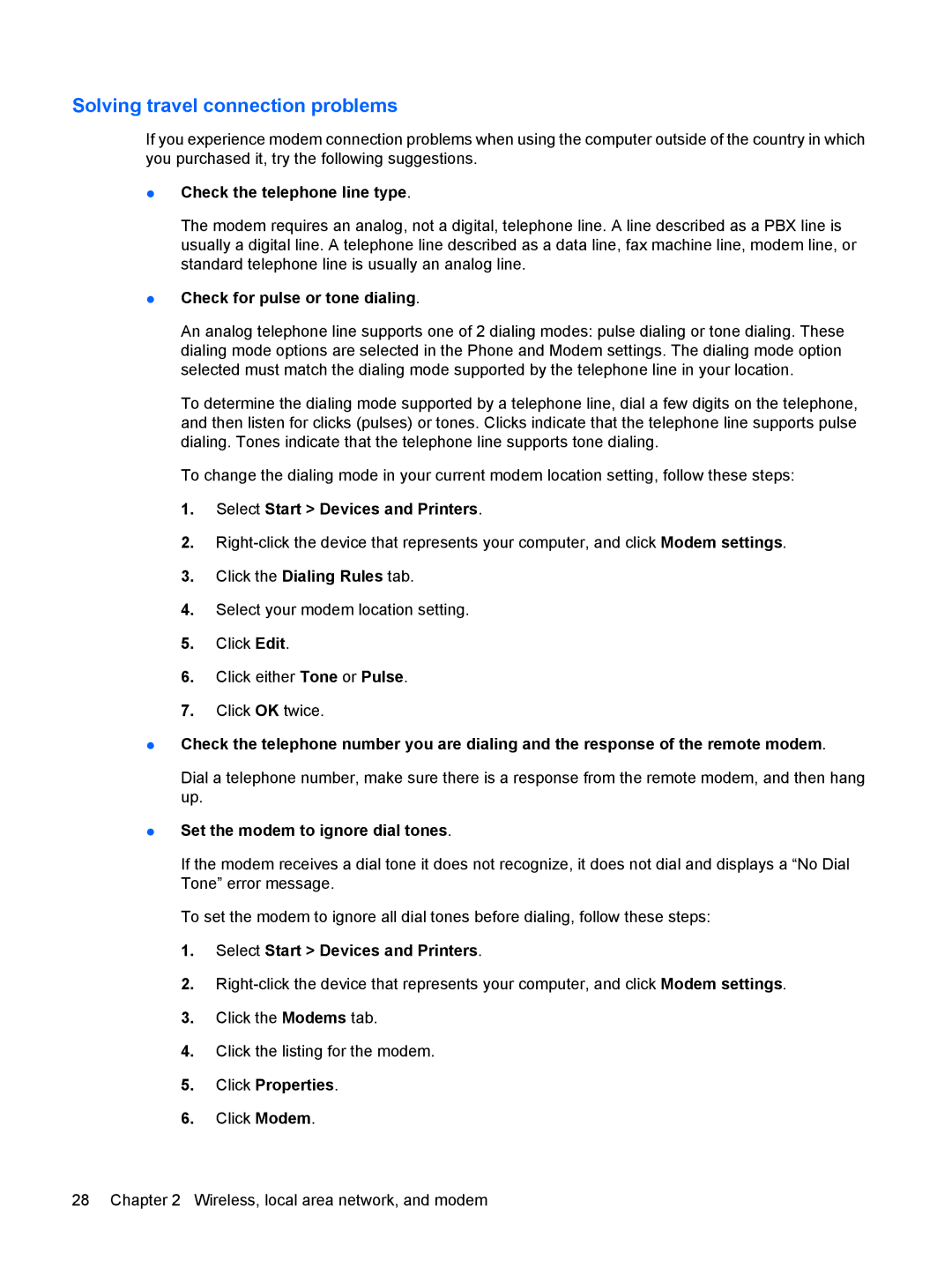 HP CQ41-213TU manual Solving travel connection problems, Check the telephone line type, Check for pulse or tone dialing 