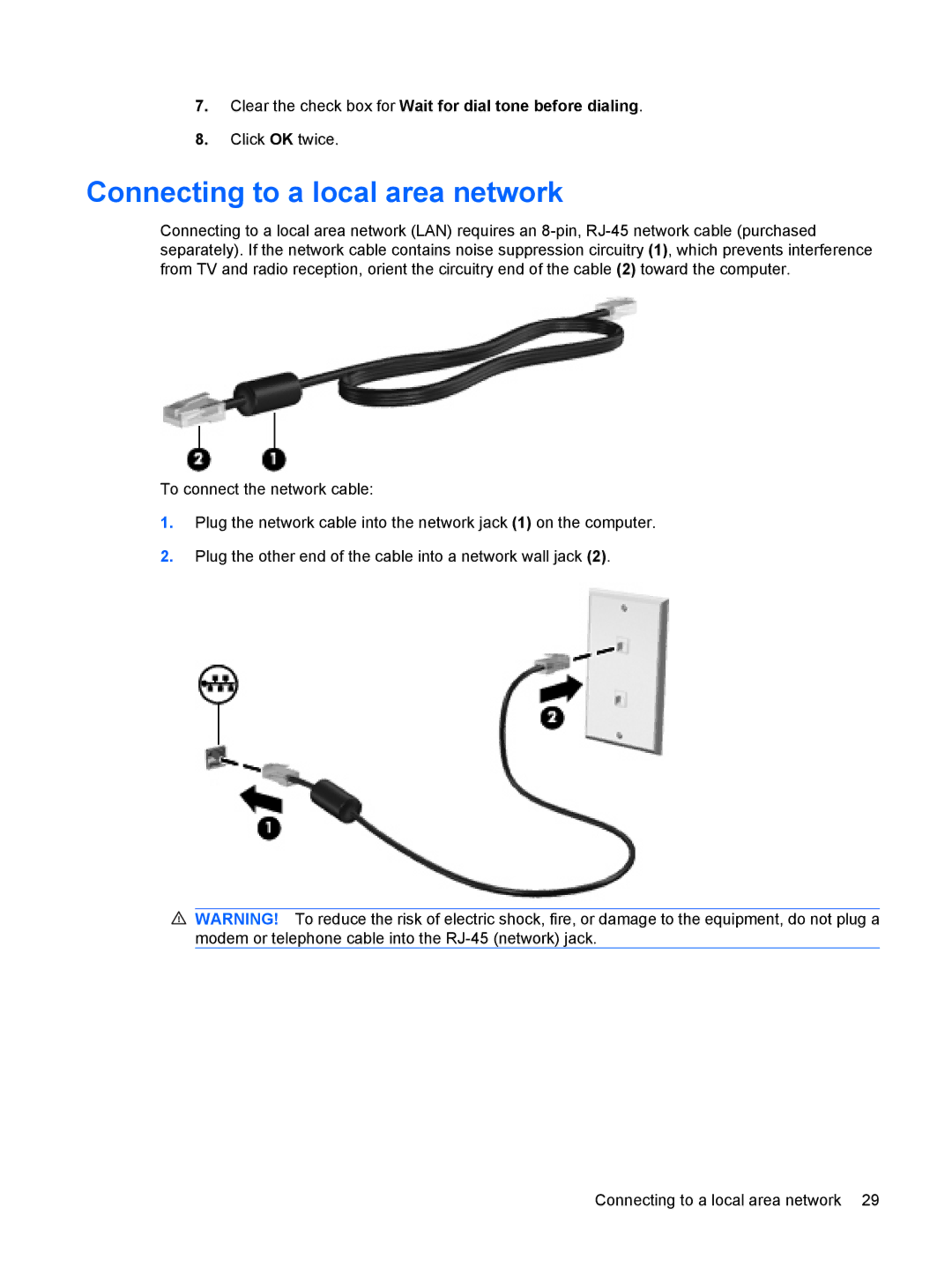 HP CQ41-212TX, CQ41-205TX Connecting to a local area network, Clear the check box for Wait for dial tone before dialing 