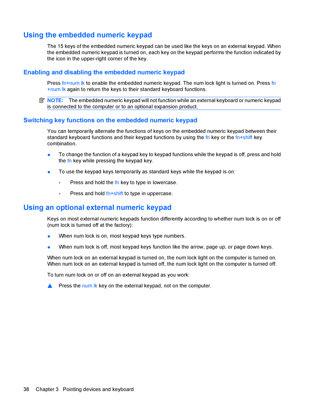 HP CQ41-205TX, CQ41-204TX, CQ41-206TX manual Using the embedded numeric keypad, Using an optional external numeric keypad 