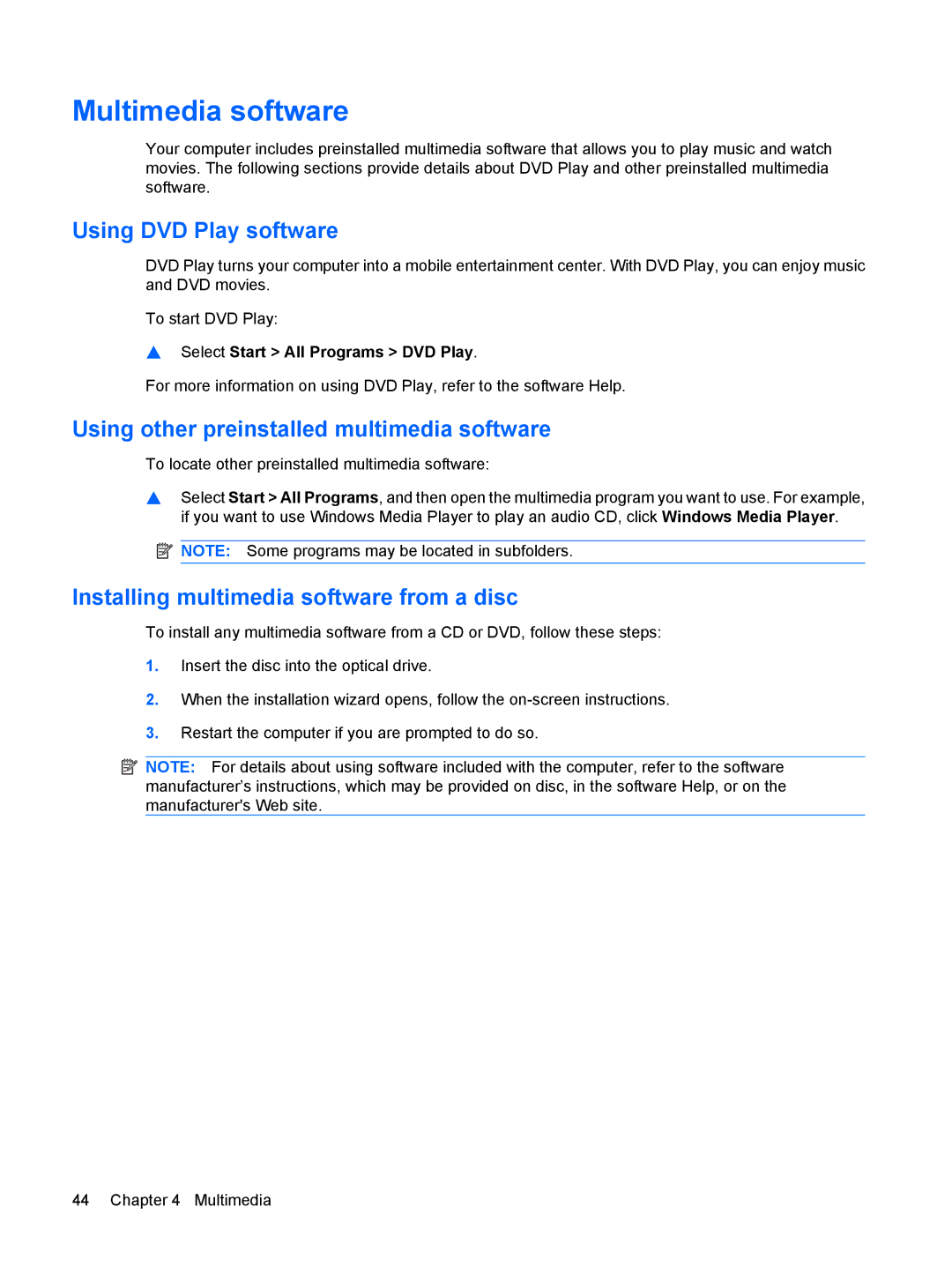 HP CQ41-213TU, CQ41-205TX manual Multimedia software, Using DVD Play software, Using other preinstalled multimedia software 