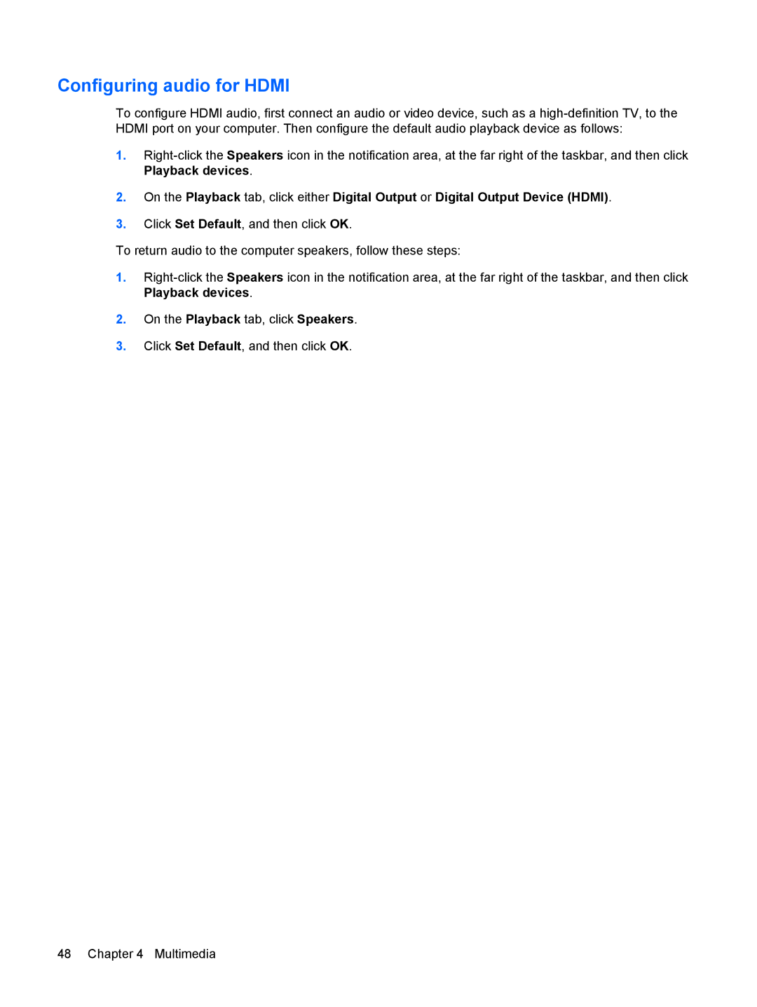 HP CQ41-211TU, CQ41-205TX, CQ41-204TX, CQ41-206TX, CQ41-207TX, CQ41-224TX, CQ41-223TX, CQ41-213TU Configuring audio for Hdmi 