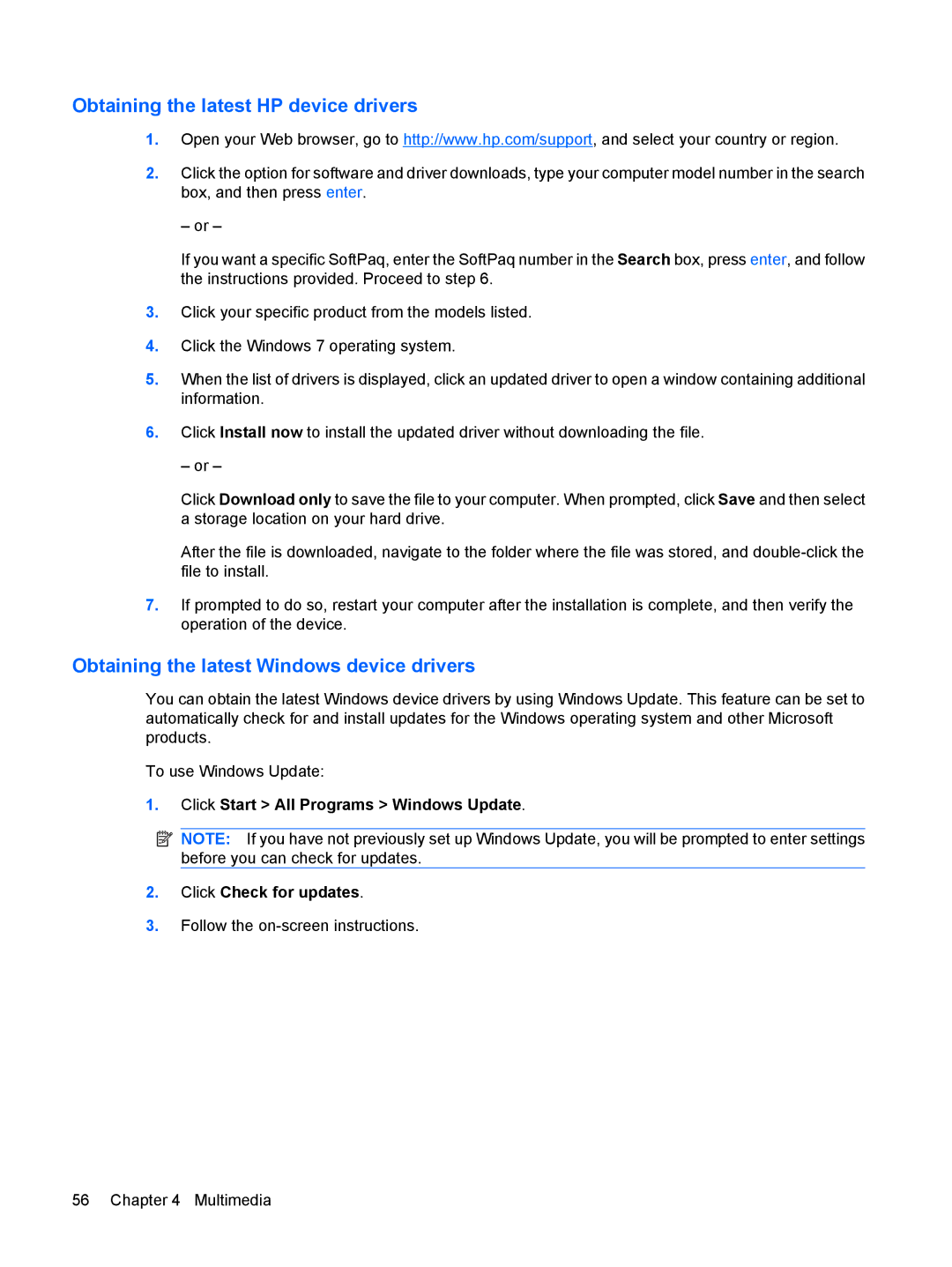 HP CQ41-206TX, CQ41-205TX, CQ41-204TX Obtaining the latest HP device drivers, Obtaining the latest Windows device drivers 