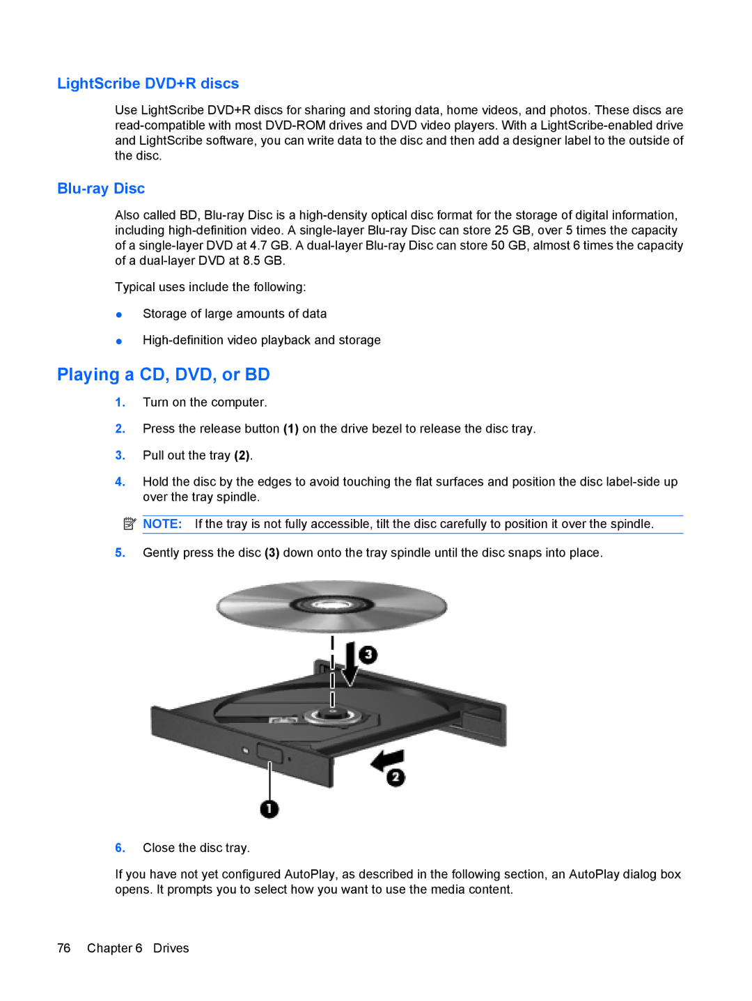 HP CQ41-213TU, CQ41-205TX, CQ41-204TX, CQ41-206TX, CQ41-207TX Playing a CD, DVD, or BD, LightScribe DVD+R discs, Blu-ray Disc 