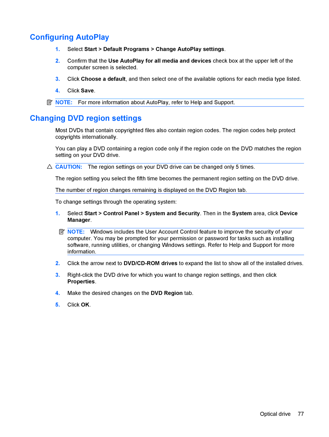 HP CQ41-212TX Configuring AutoPlay, Changing DVD region settings, Select Start Default Programs Change AutoPlay settings 