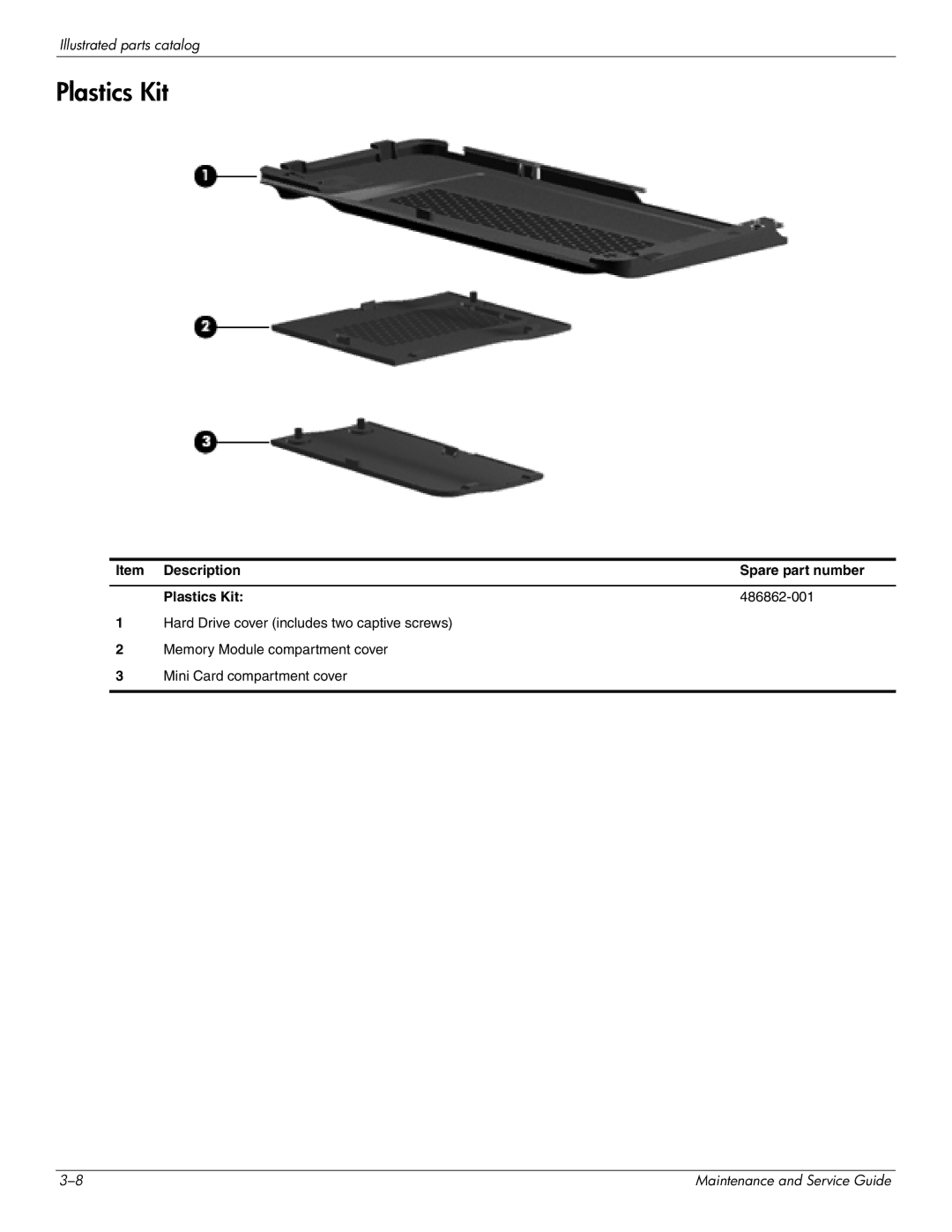 HP CQ41-208TU, CQ41-205TX, CQ41-204TX, CQ41-207TX, CQ41-224TX Item Description Spare part number Plastics Kit 486862-001 