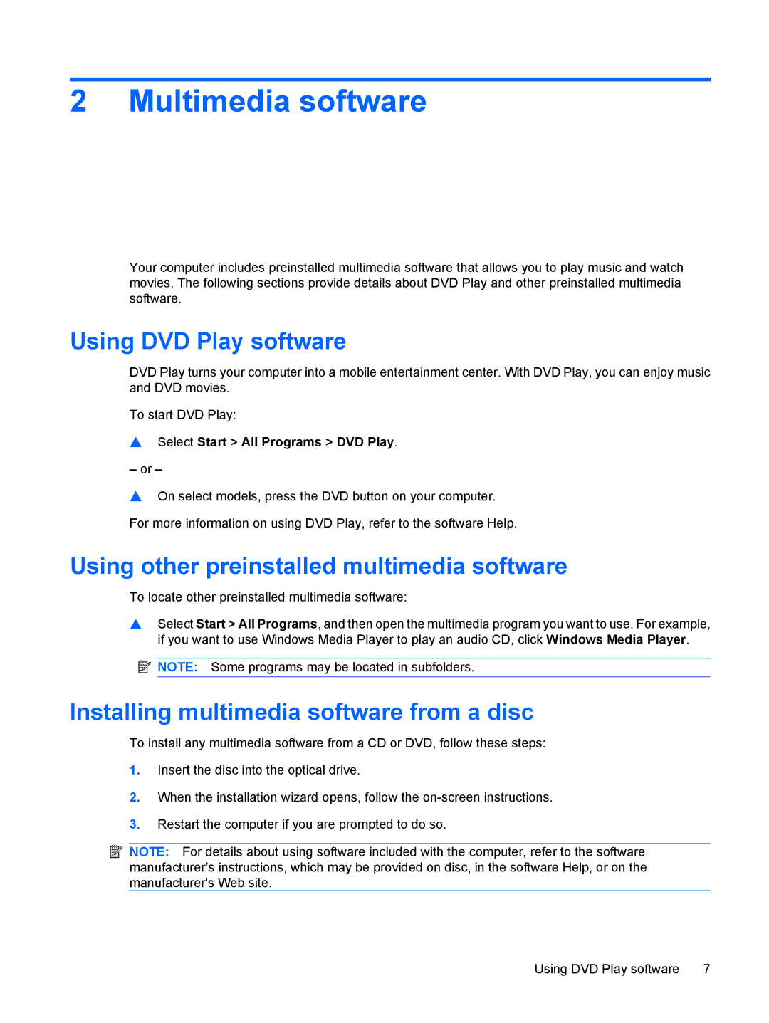 HP CQ40-713TU, CQ41-206AU manual Multimedia software, Using DVD Play software, Using other preinstalled multimedia software 