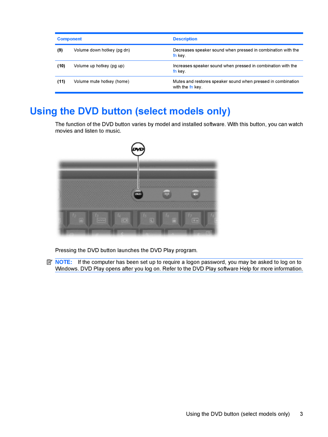 HP CQ40-717TU, CQ41-206AU, CQ40-748TU, CQ41-204AU, CQ40-735TU, CQ40-734TU, CQ40-747TU Using the DVD button select models only 