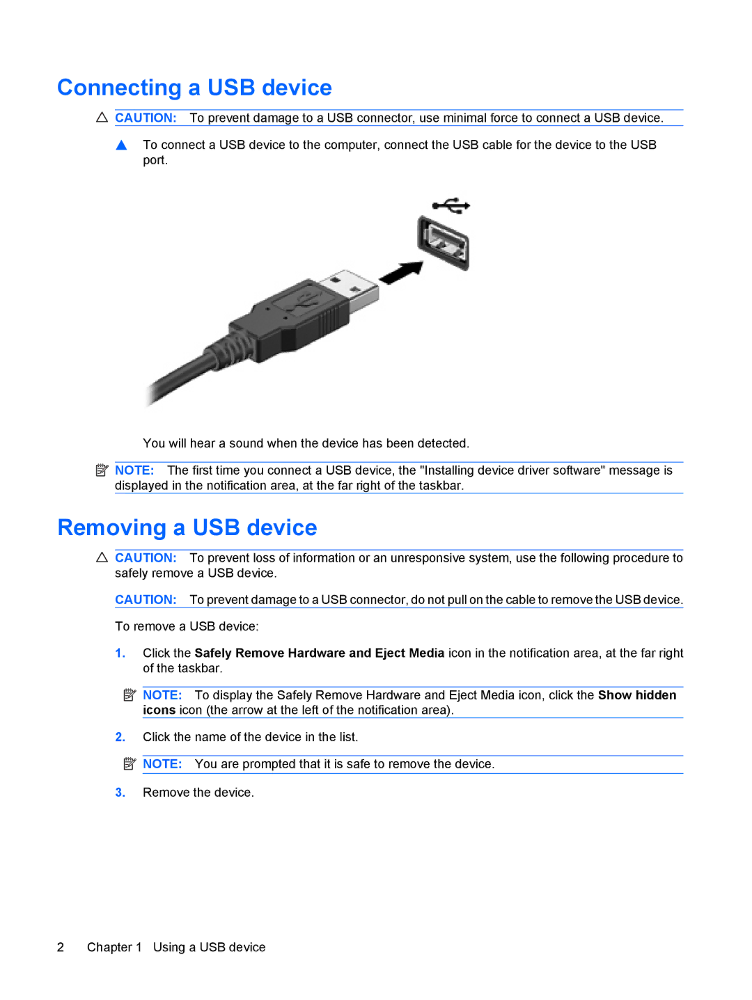 HP CQ40-725TU, CQ41-206AU, CQ41-205AX, CQ40-748TU, CQ40-735TU, CQ40-734TU manual Connecting a USB device, Removing a USB device 