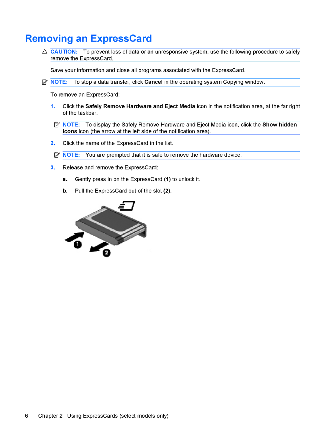 HP CQ40-711TX, CQ41-206AU, CQ41-205AX, CQ40-748TU, CQ41-204AU, CQ40-734TU, CQ40-747TU, CQ40-717TU manual Removing an ExpressCard 