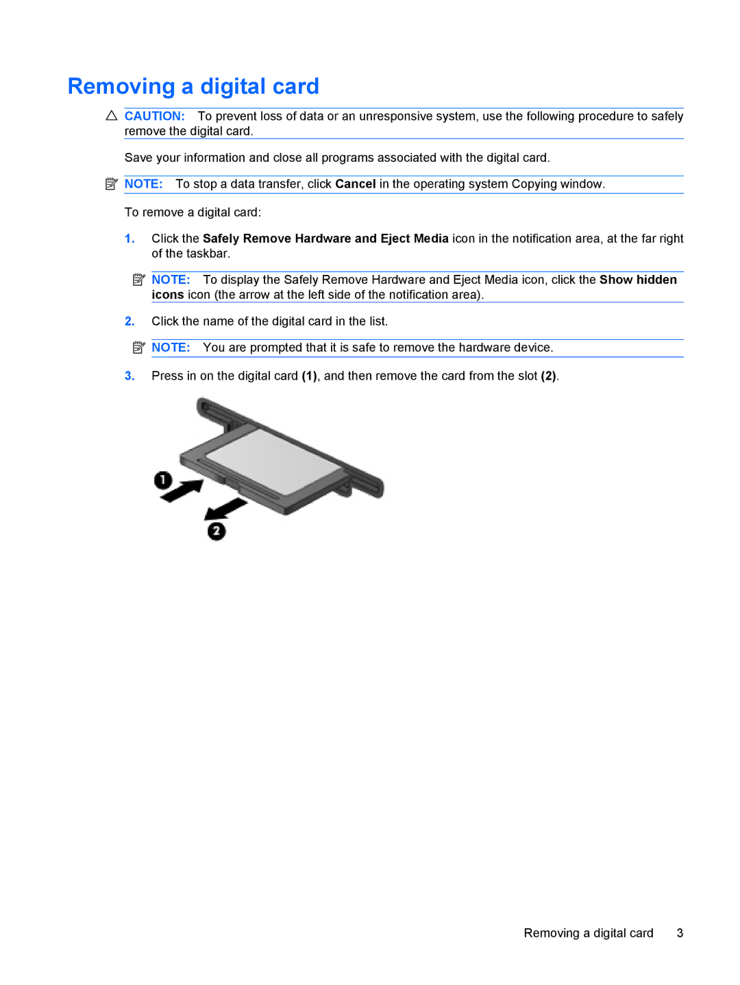 HP CQ40-717TX, CQ41-206AU, CQ41-205AX, CQ40-748TU, CQ41-204AU, CQ40-734TU, CQ40-747TU, CQ40-717TU manual Removing a digital card 