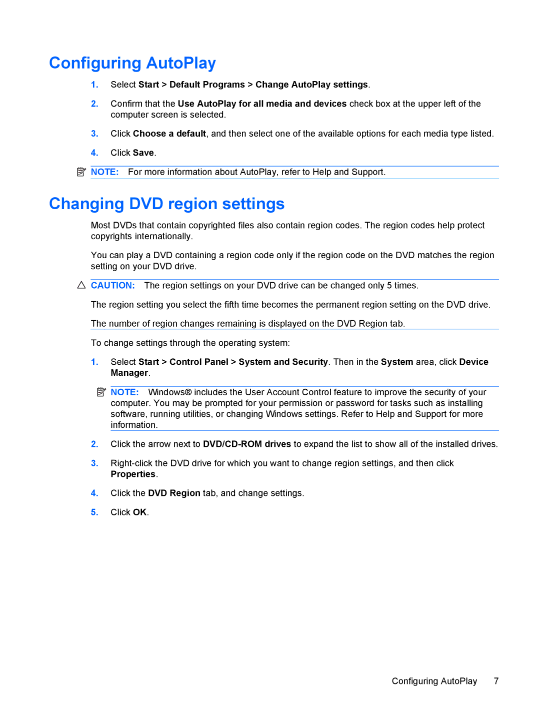 HP CQ40-711TX, CQ41-206AU, CQ41-205AX, CQ40-748TU, CQ41-204AU, CQ40-734TU Configuring AutoPlay, Changing DVD region settings 