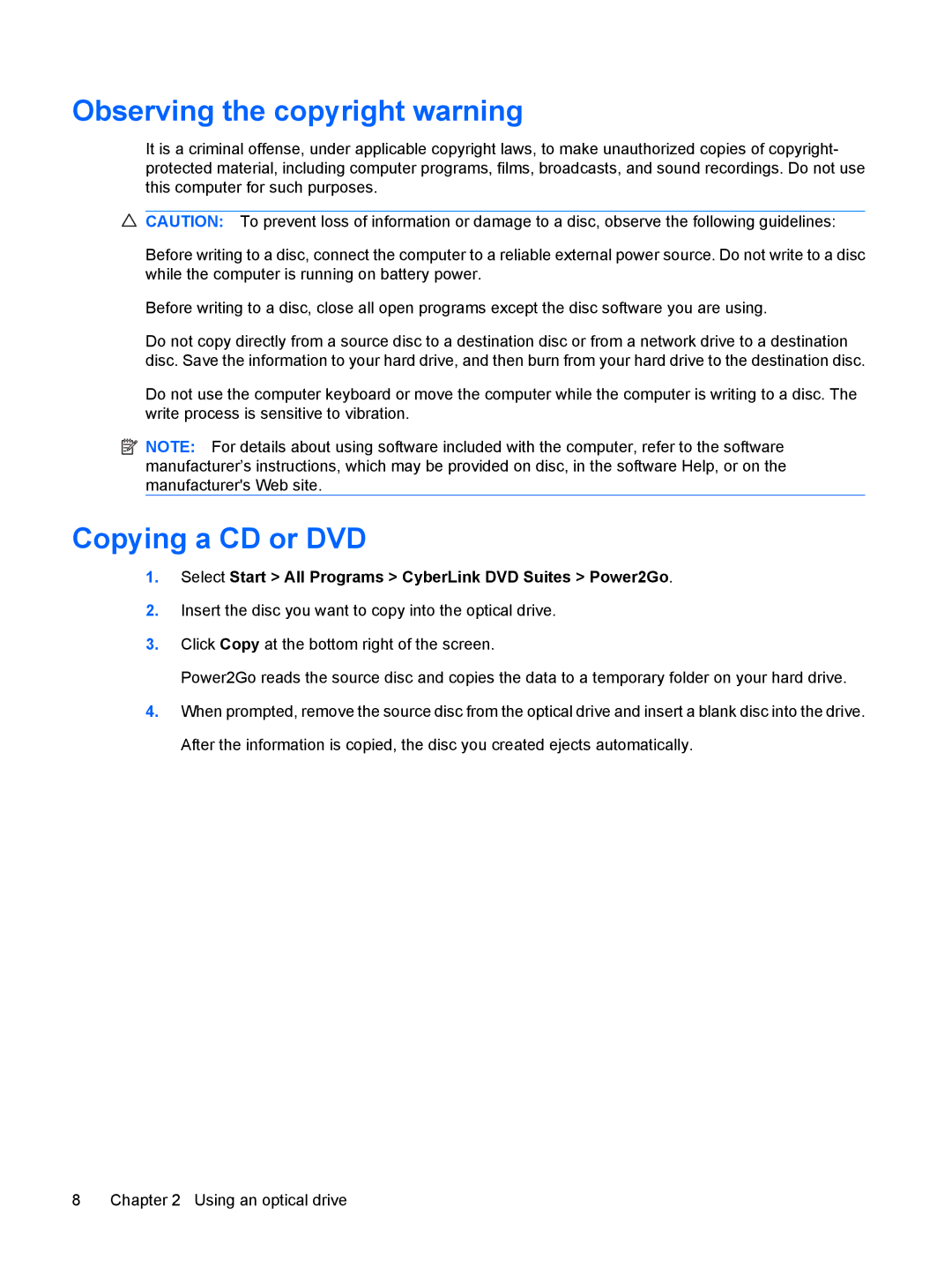 HP CQ40-713TU, CQ41-206AU, CQ41-205AX, CQ40-748TU, CQ41-204AU, CQ40-734TU Observing the copyright warning, Copying a CD or DVD 