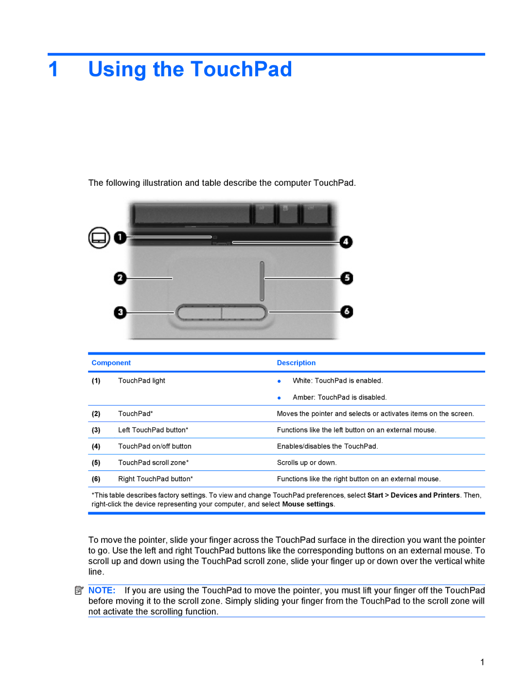 HP CQ41-222AU, CQ41-206AU, CQ41-205AX, CQ41-204AU, CQ41-206AX, CQ41-207AX, CQ41-218AU Using the TouchPad, Component Description 