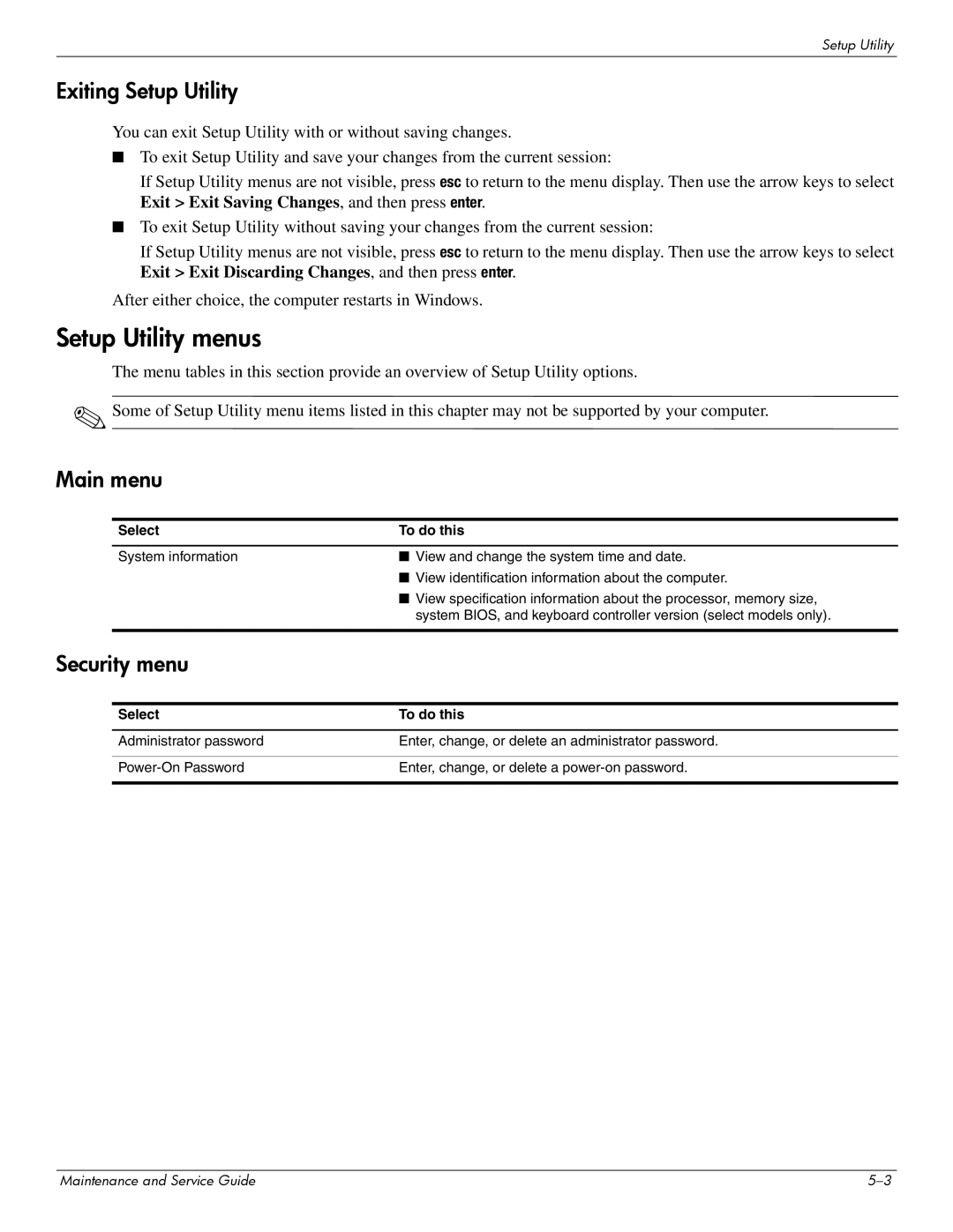 HP CQ41-207AX, CQ41-206AU manual Setup Utility menus, Exiting Setup Utility, Main menu, Security menu, Select To do this 