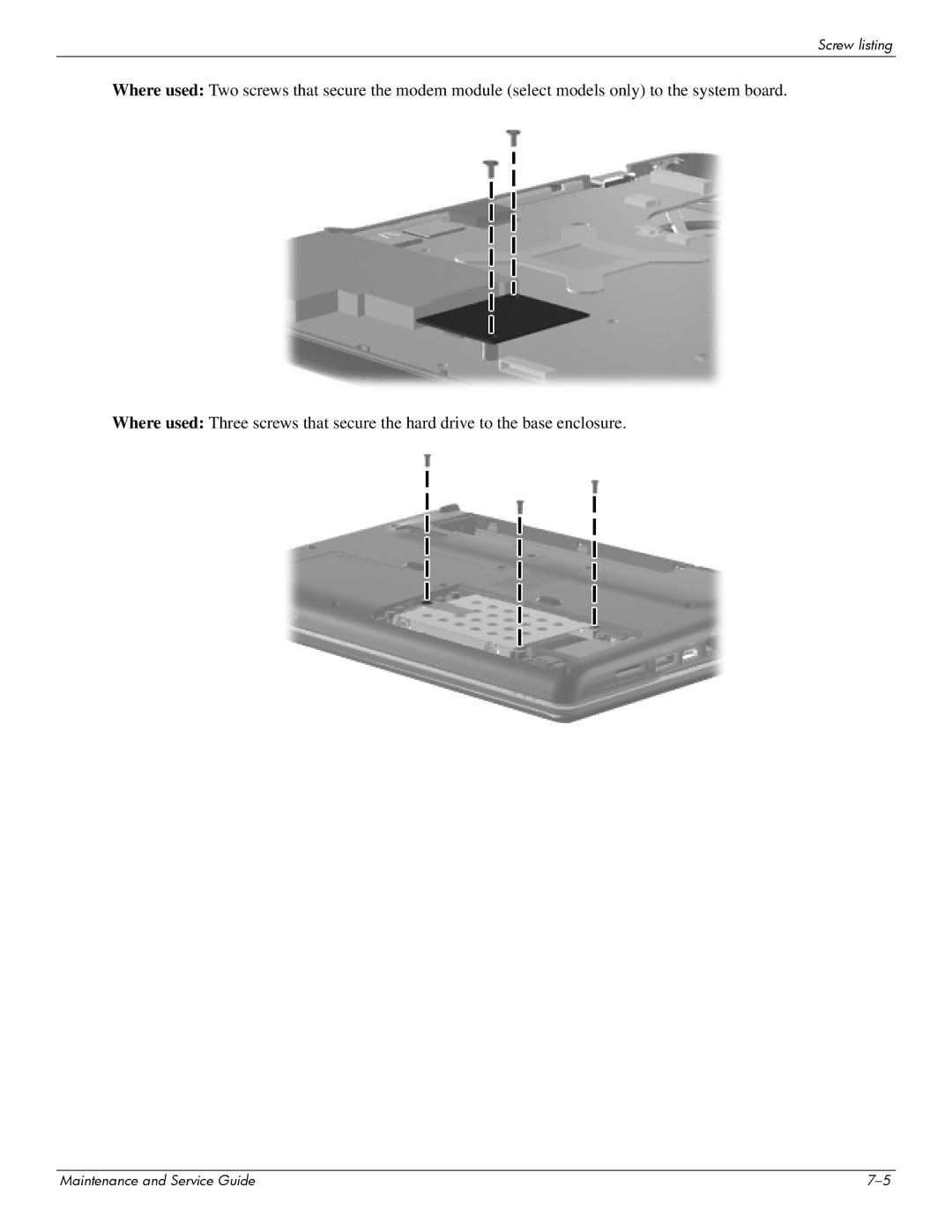 HP CQ41-214AU, CQ41-206AU, CQ41-205AX, CQ41-204AU, CQ41-206AX, CQ41-207AX, CQ41-222AU, CQ41-218AU, CQ41-218AX manual Screw listing 