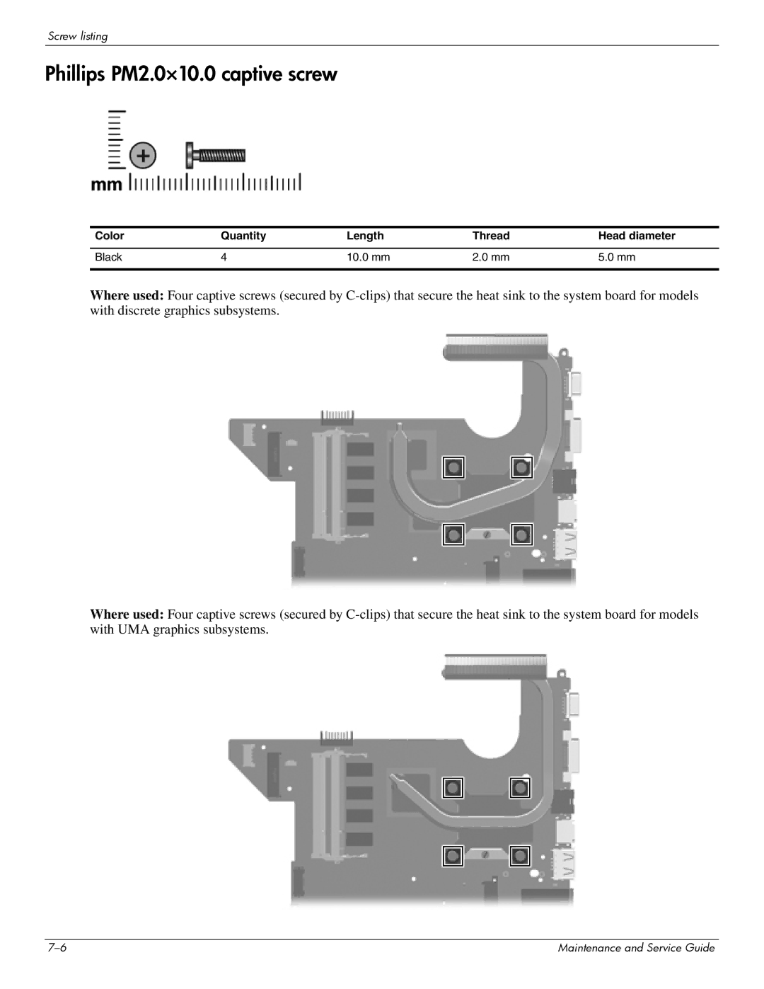 HP CQ41-213AU, CQ41-206AU manual Phillips PM2.0×10.0 captive screw, Color Quantity Length Thread Head diameter Black 10.0 mm 