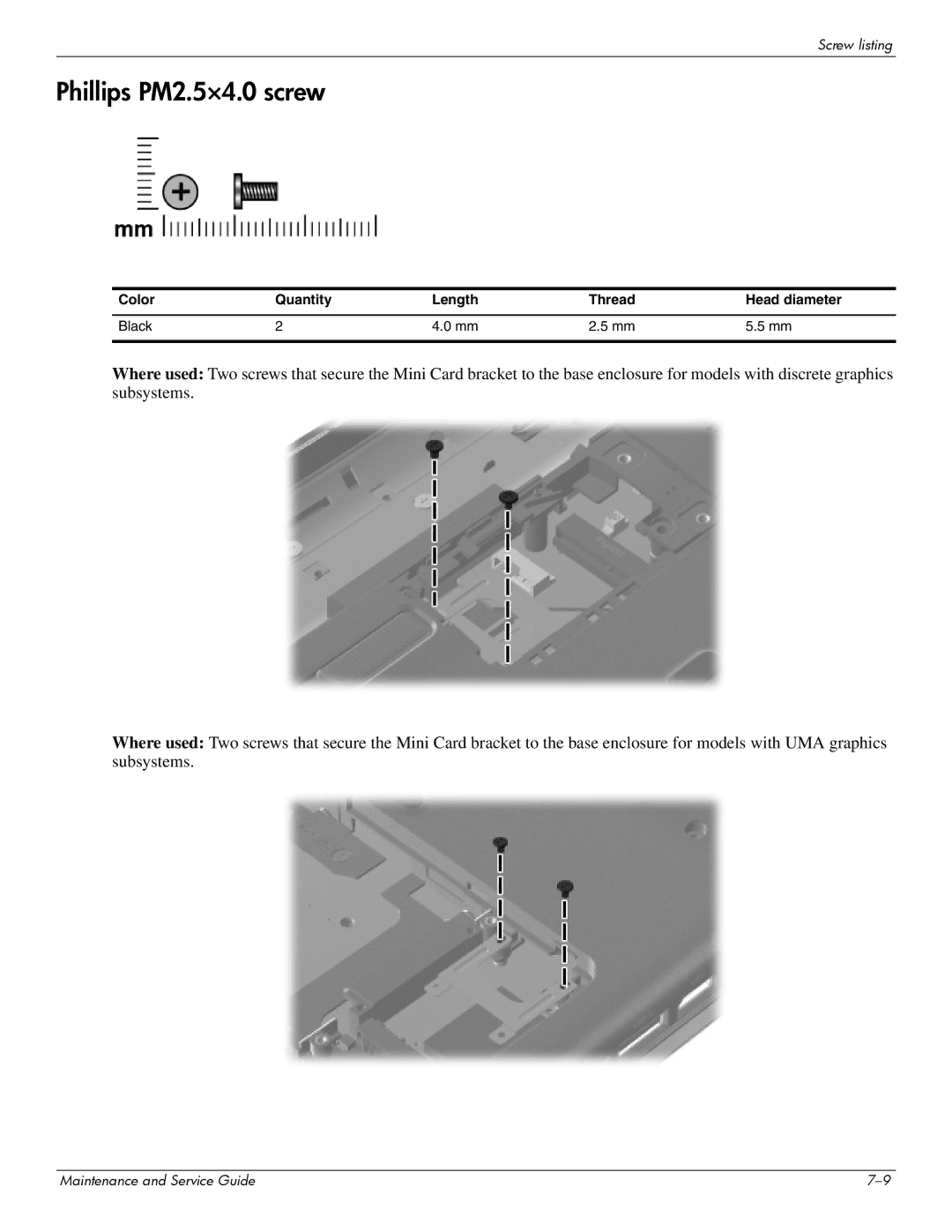 HP CQ41-209AU, CQ41-206AU, CQ41-205AX, CQ41-204AU, CQ41-206AX, CQ41-207AX, CQ41-222AU, CQ41-218AU manual Phillips PM2.5×4.0 screw 