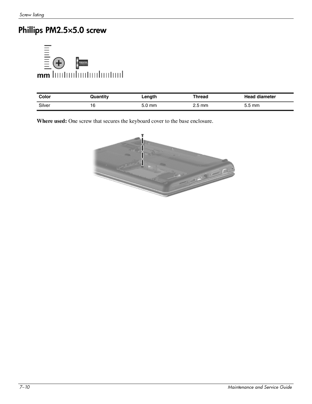 HP CQ41-208AX, CQ41-206AU, CQ41-205AX manual Phillips PM2.5×5.0 screw, Color Quantity Length Thread Head diameter Silver 