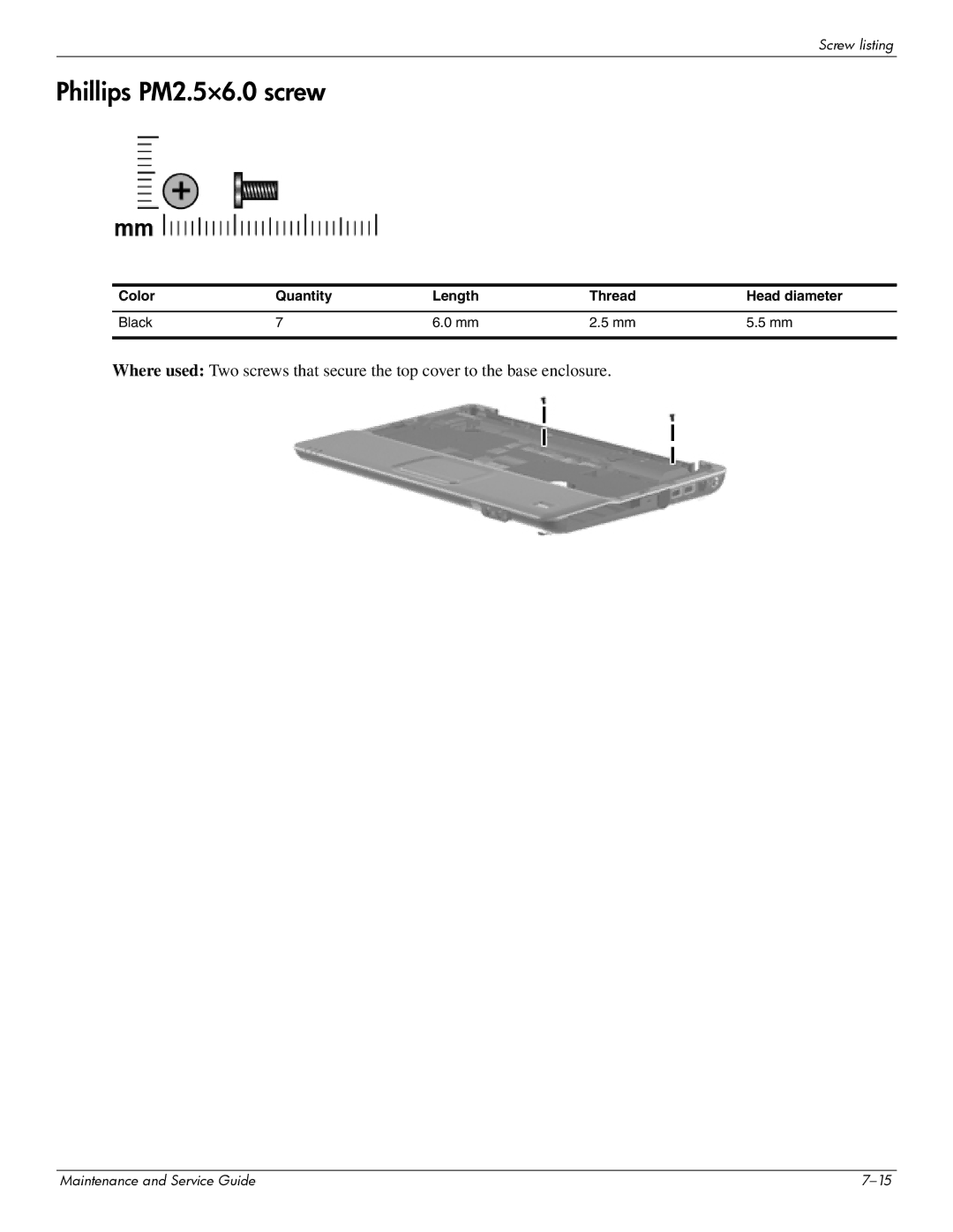 HP CQ41-204AU, CQ41-206AU, CQ41-205AX, CQ41-206AX, CQ41-207AX, CQ41-222AU, CQ41-218AU, CQ41-218AX manual Phillips PM2.5×6.0 screw 