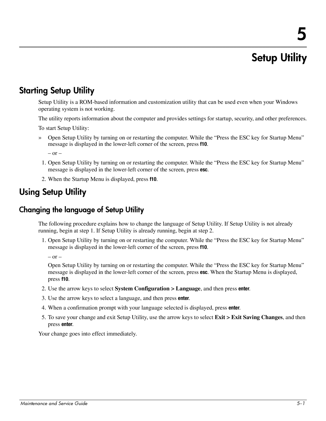 HP CQ41-204AU, CQ41-206AU manual Starting Setup Utility, Using Setup Utility, Changing the language of Setup Utility 