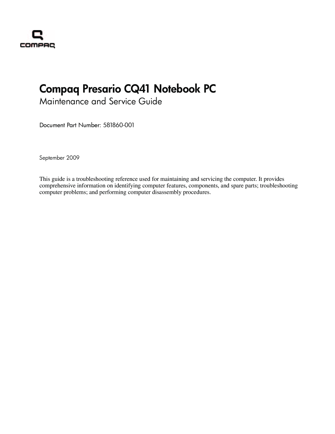 HP CQ41-205AX, CQ41-206AU manual Compaq Presario CQ41 Notebook PC, Maintenance and Service Guide, Document Part Number 