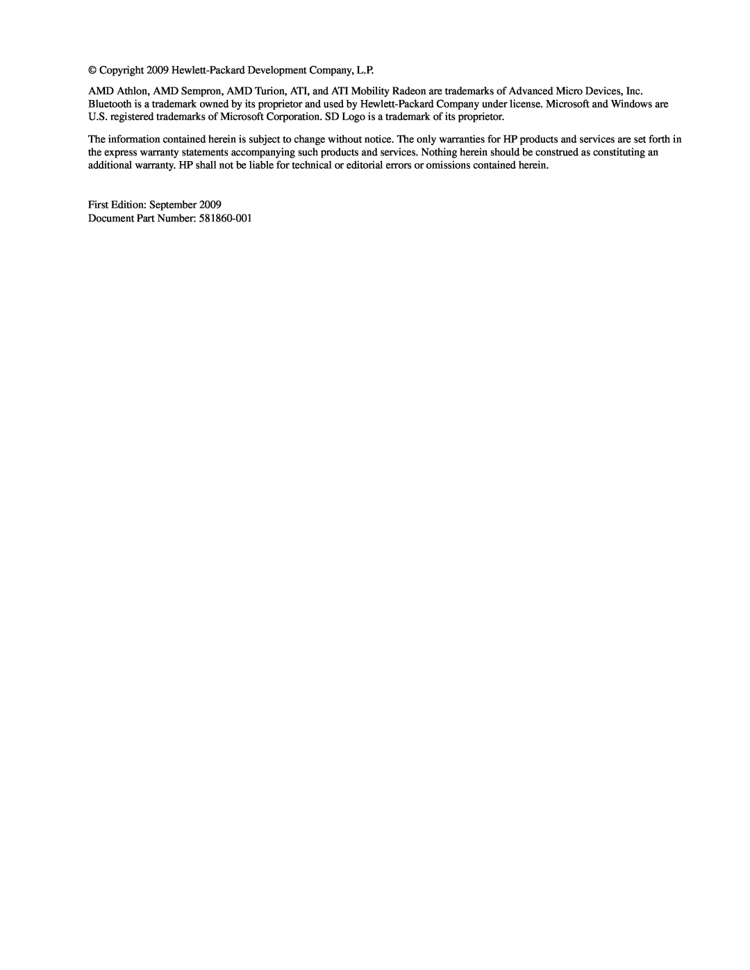 HP CQ41-204AU manual Copyright 2009 Hewlett-Packard Development Company, L.P, First Edition September Document Part Number 