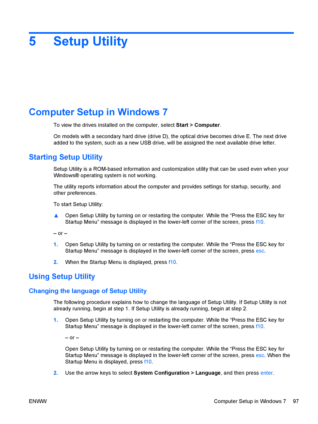 HP CQ42-257TX, CQ42-109TU, CQ42-103TU, CQ42-275TX Computer Setup in Windows, Starting Setup Utility, Using Setup Utility 