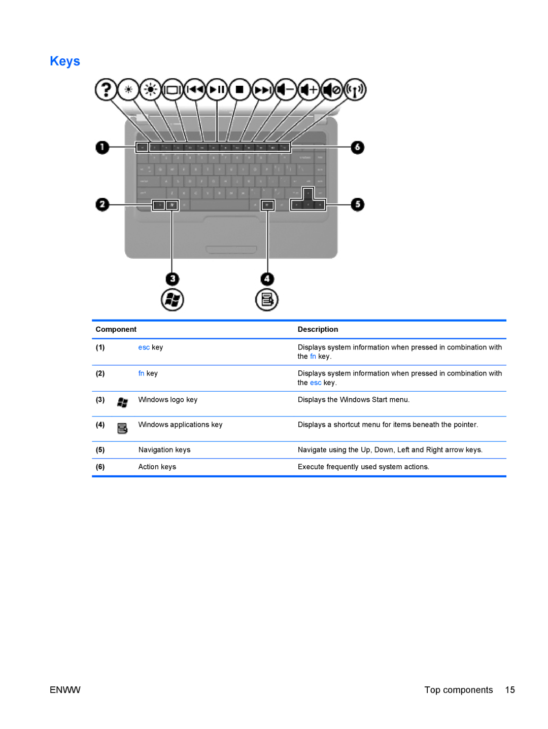 HP CQ42-268TX, CQ42-109TU, CQ42-103TU, CQ42-275TX, CQ42-276TU, CQ42-168TU, CQ42-189TX, CQ42-160TX, CQ42-165TX manual Keys, Fn key 