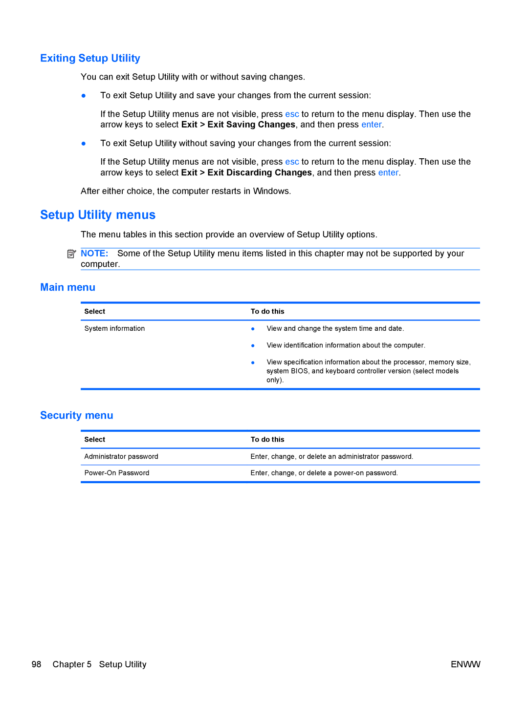 HP CQ42-205AU, CQ42-220AX manual Setup Utility menus, Exiting Setup Utility, Main menu, Security menu, Select To do this 