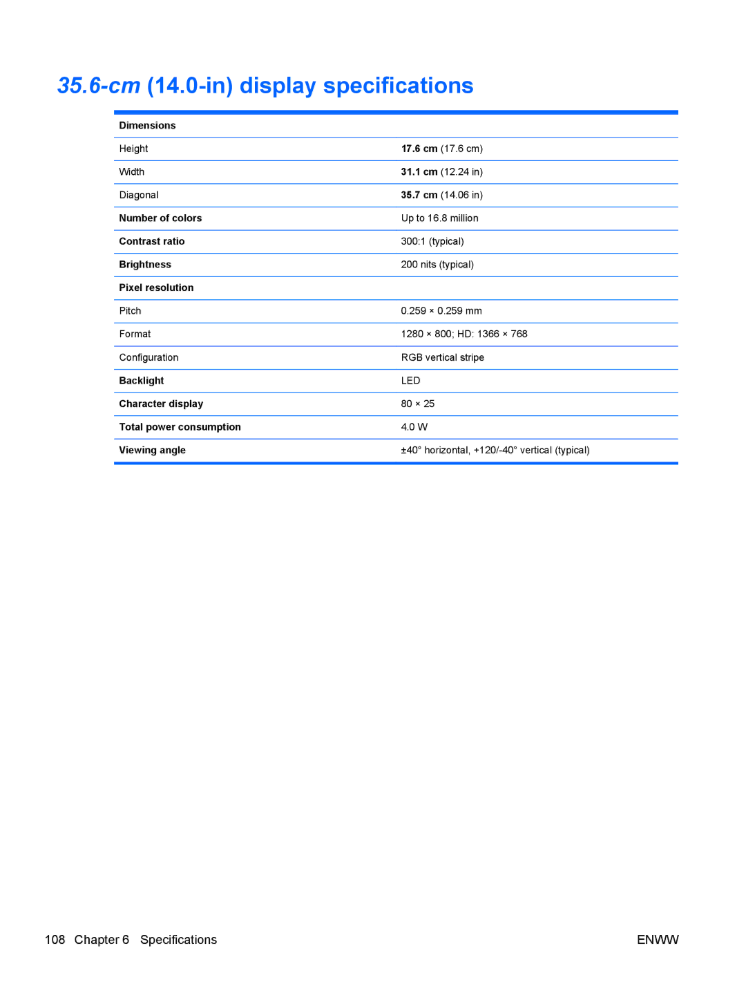 HP CQ42-203AU, CQ42-205AU, CQ42-220AX, CQ42-218AX, CQ42-219AX, CQ42-210AU manual 35.6-cm14.0-in display specifications 