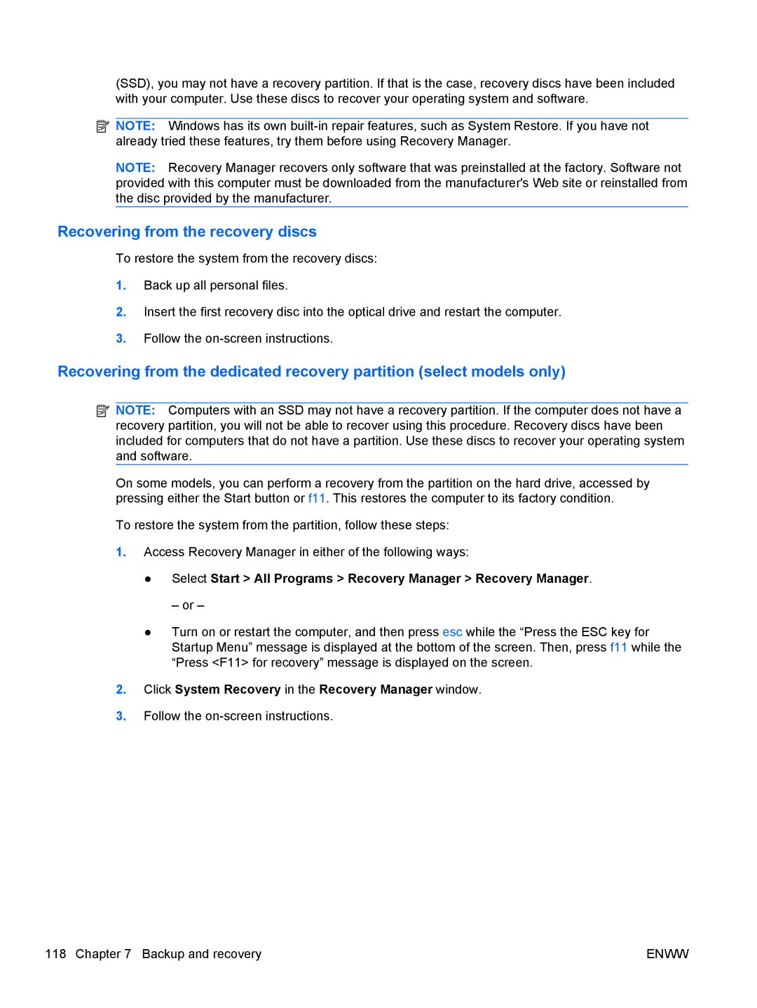 HP CQ42-218AX, CQ42-205AU Recovering from the recovery discs, Select Start All Programs Recovery Manager Recovery Manager 