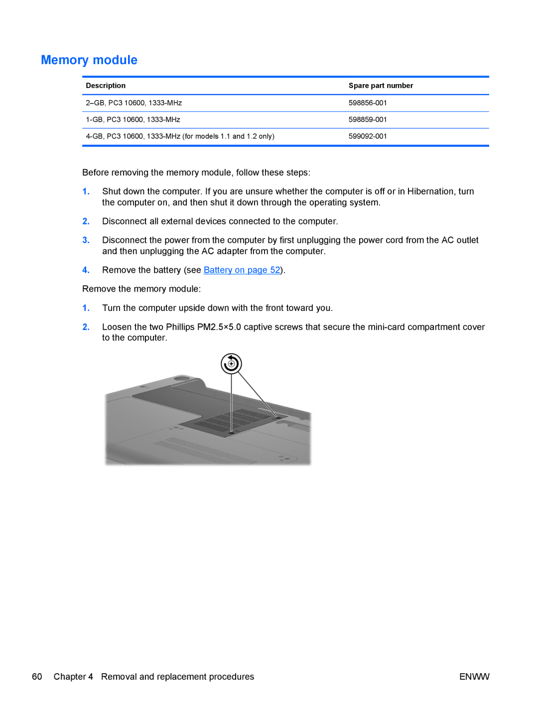 HP CQ42-203AU, CQ42-205AU, CQ42-220AX, CQ42-218AX, CQ42-219AX, CQ42-210AU manual Memory module 