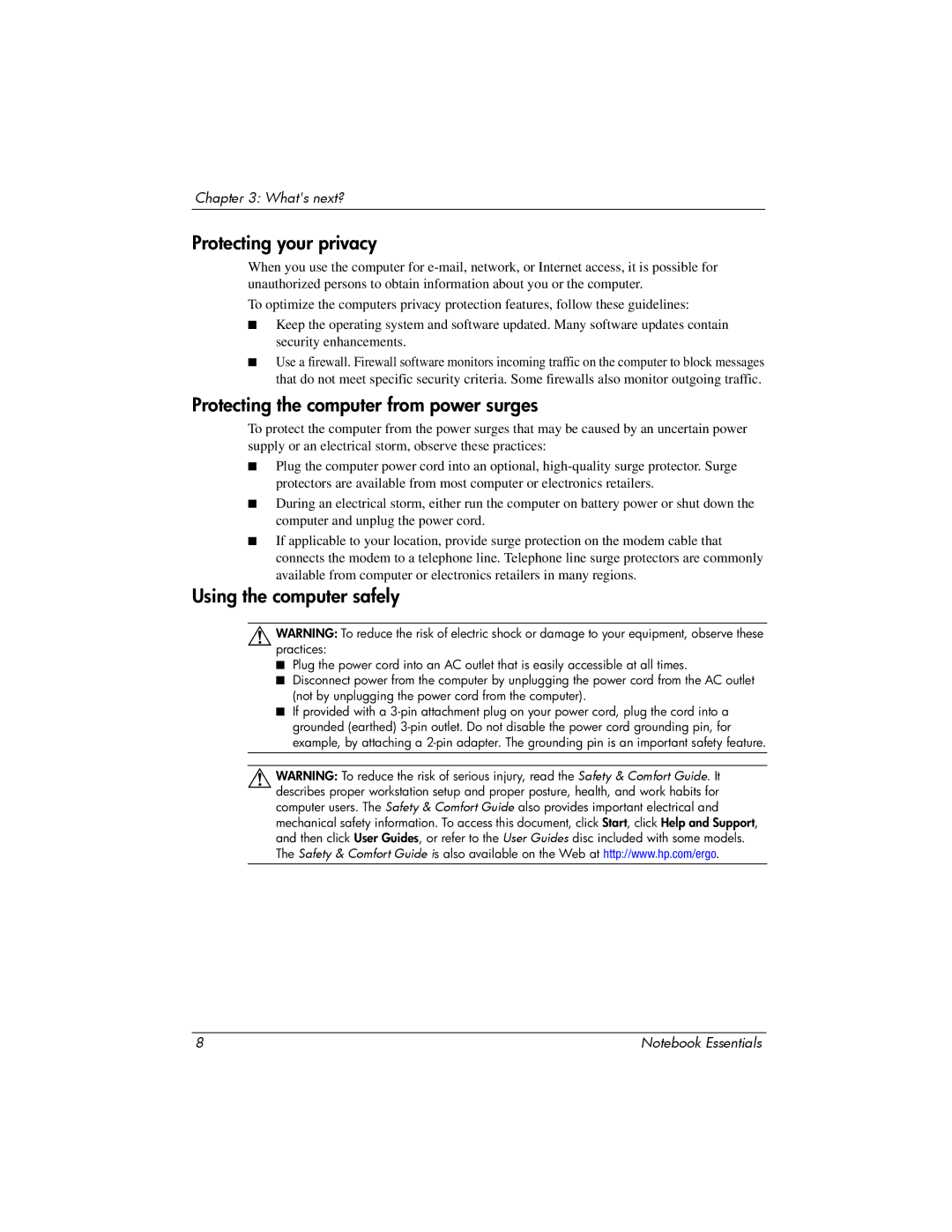 HP CQ42-320CA manual Protecting your privacy, Protecting the computer from power surges, Using the computer safely 